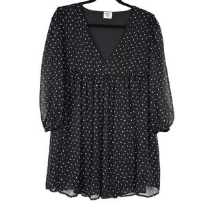 Sunday Best Polka Dot Dress Women's XS Black Sheer Puff Sleeve Babydoll V-Neck‎